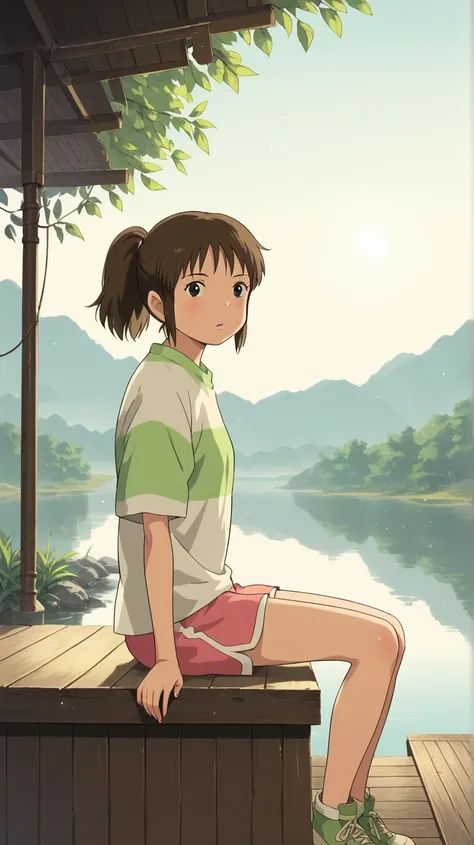 score_9, score_8, score_9, BREAK, Alone , Chihiro, Brown hair, Short Hair, ponytail,  black eyes, Bermuda, shirt,  outdoor, luz del sol, natural lighting