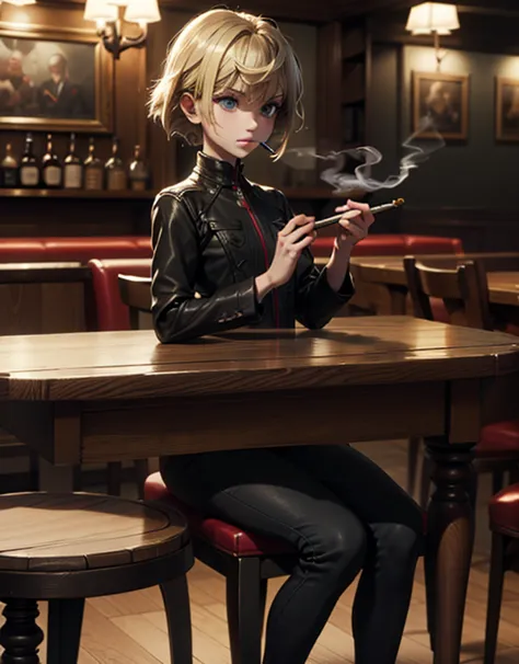  in high definition  short-haired female cowboy in a western bar, blond, Seated , smoking pipe , table Wisky,piano, 6 round revolver ,barrel, table,Trump,Dust, artwork,3d,4K,  Details, by Nomi 