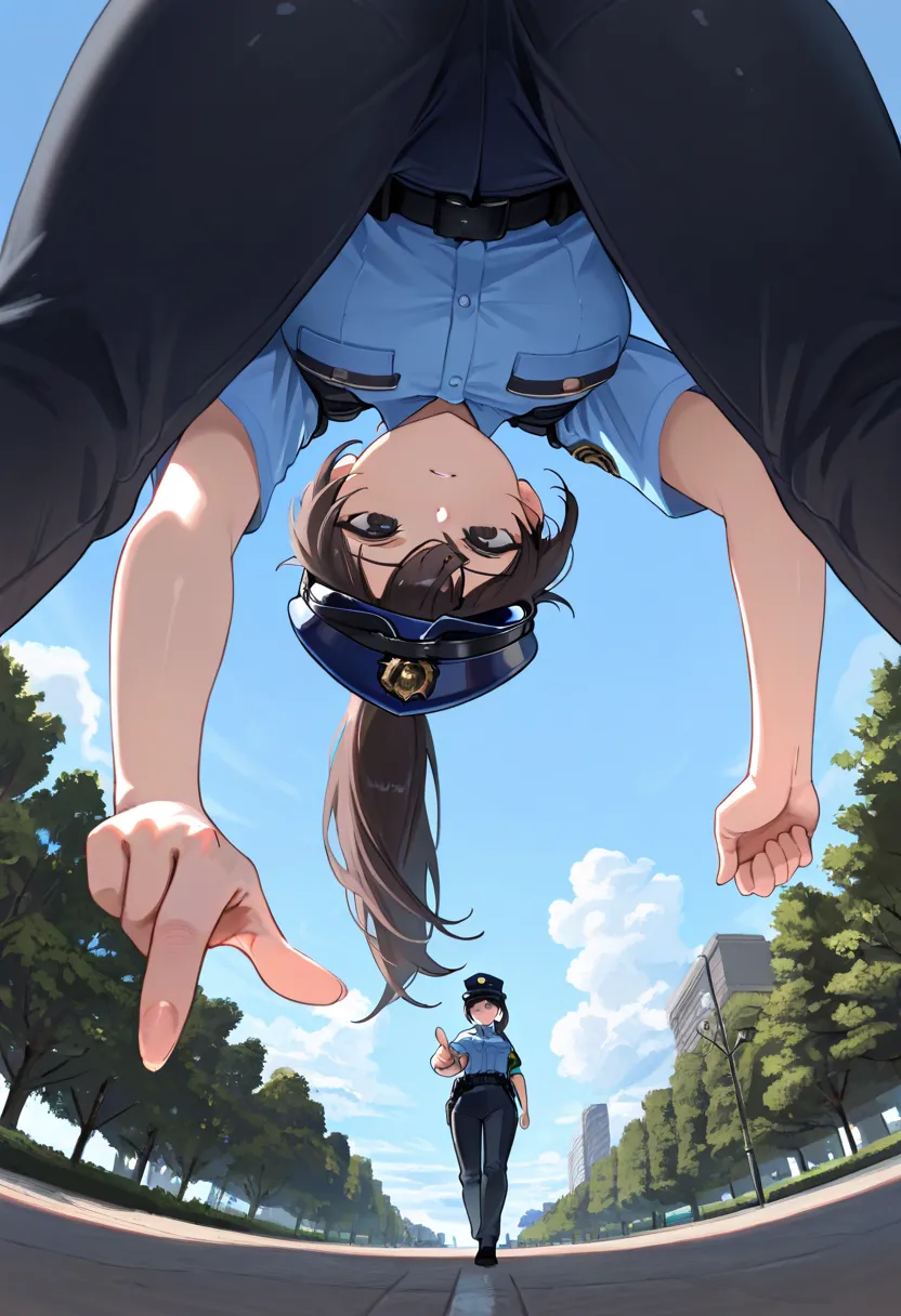 masterpiece, best quality, very aesthetic, safe, best quality, officer woman, ponytail, black brown hair, black eyes, blue cap, police sunglasses on cap, sky blue shirt, black pants, thicc, she is pointing at viewer, park scenery, blue sky, from below, per...