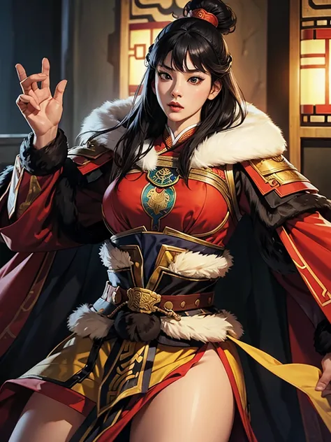 4K, High definition,  Koei Three Kingdoms style, 1 female,  sexy expression , huge boobs,  wide hips , 두꺼운 허벅지,  slender waist, 서서 and look straight ahead. and look straight ahead, black hair,  long hair,  straight bangs ,  straight bangs,  black eyes,  Ch...