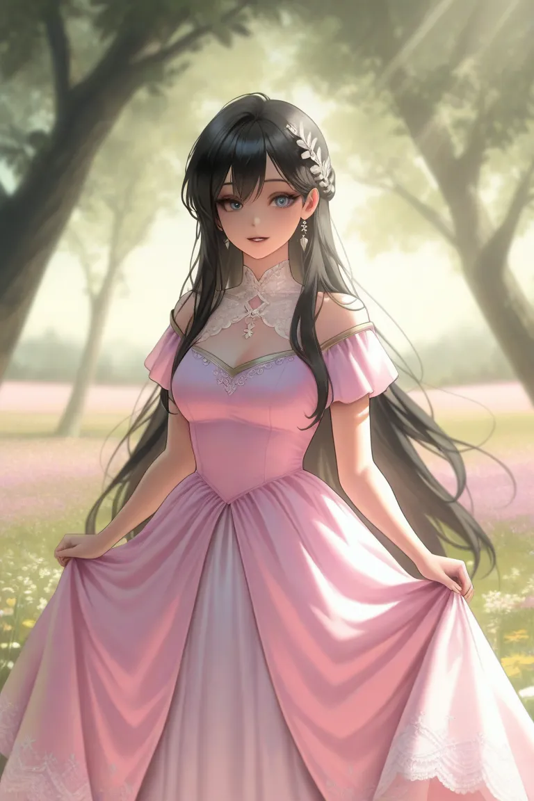 A girl with black hair and pastel blue eyes. She's wearing a long pink princess dress.  His expression is calm .