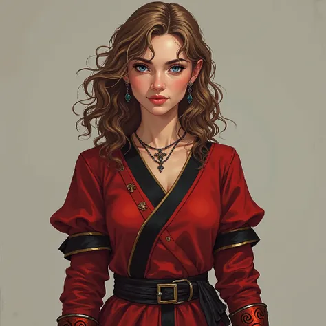 A 25 year old female with light brown curly hair, blue eyes, light fair skin with a slightly cool undertone. She wears crimson red black lined royalty trousers, and a crimson red battle tunic with black lining. She has crimson red metal cuffs with black sw...