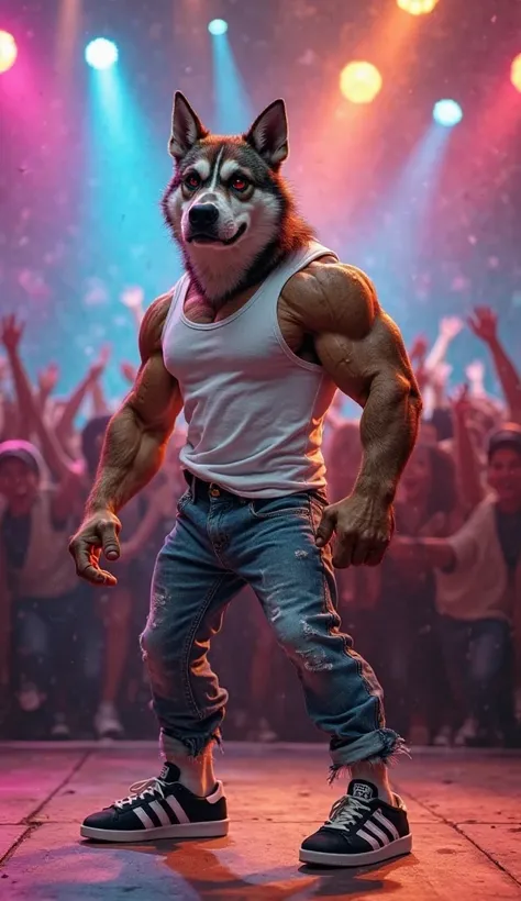 "A muscular anthropomorphic dog character standing confidently on a stage, wearing a white tank top, faded cubrai jeans, and classic black-and-white Adidas Samba shoes. The dog has short, coarse fur with dark brown and black markings, sharp eyes, and a fie...