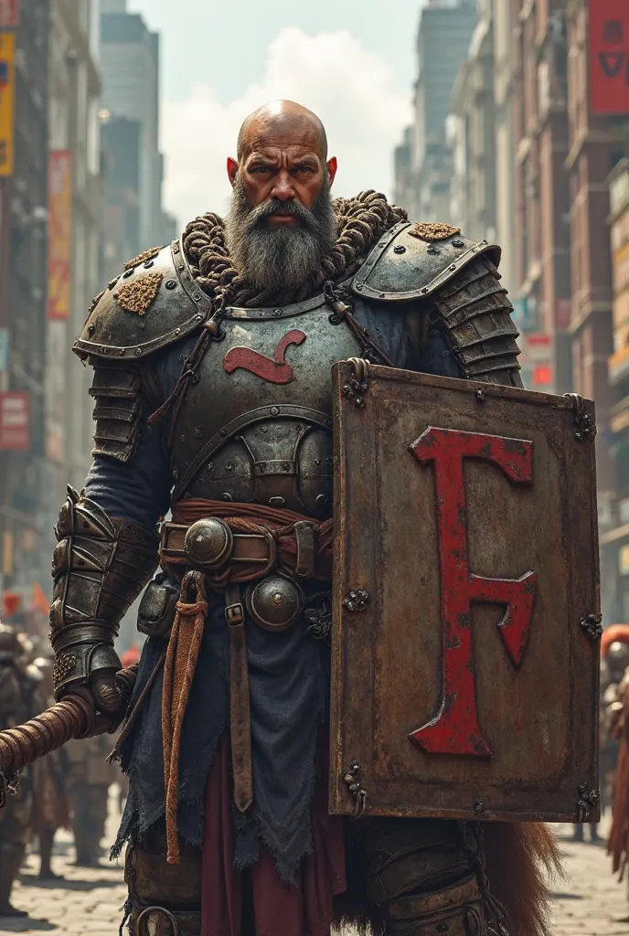 Create a bald man,medium beard,his armor has a large "F written on it",Young, 2, 50 tall . He carries a large steel cable with a round ball and a huge, square shield, with a big "F red written on it". The bald man is standing in a busy city.