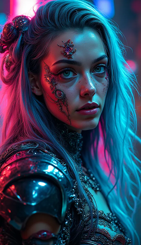 a stunning young woman with long, messy, colorful hair ,   neon,  glowing energy , complicated armor, Jewelry armor, twisted and distorted features, barefoot, ( best quality,4K,8k, highres,masterpiece), ultra detailed,(realistic,photorealistic,photo-realis...