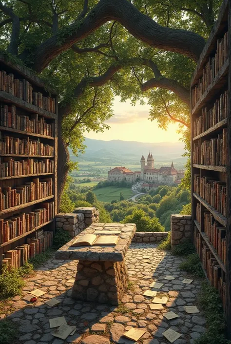 "An old open-air library, located on top of a hill overlooking a verdant valley. Aged wooden shelves line up under the shade of large trees, loaded with rare books and forgotten manuscripts.  in the center, a stone table with scattered papers, where someon...