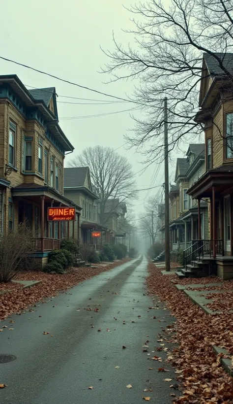  A deserted street with old houses, some with half-open doors and broken windows. The wind blows dry leaves along the road. The sign of a diner blinks intermittently,  as if it were about to extinguish . The city seems to stand still in time