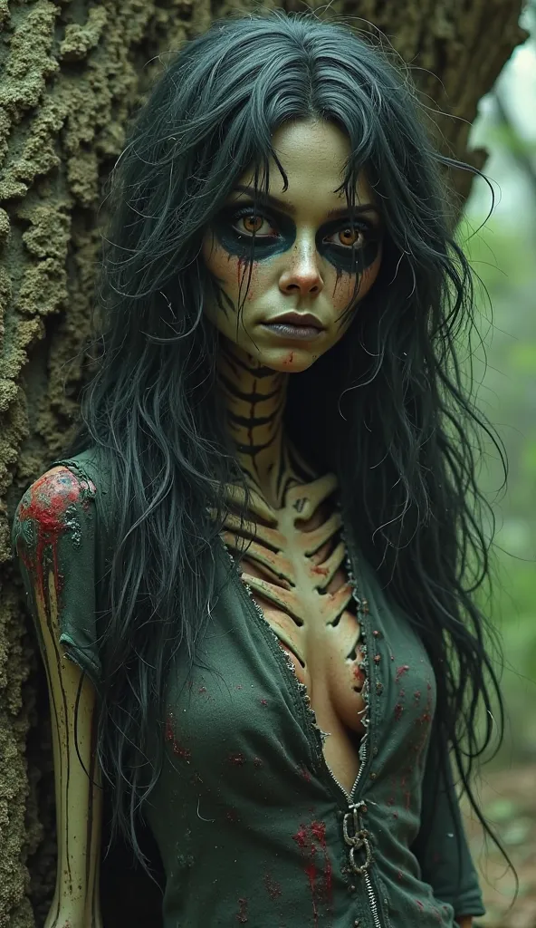 A skeletal female figure,  with long, disheveled hair , elongated eyes and torn clothes. She is partially hidden behind a tree. realistic style, dark colors with green and red accents, without individuals