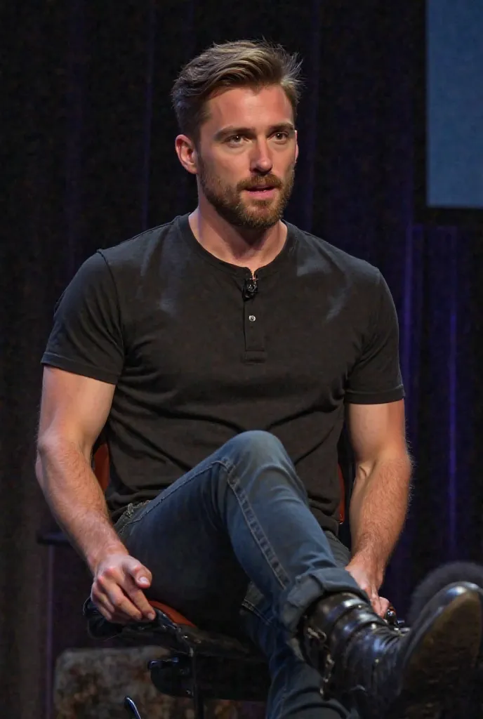 A handsome British man who is an actor and wearing a black t shirt with dark blue jeans and black boots with with short hair with a goatee at comic con on a stage while being interviewed by Michael B. Jordan talking  about the show the waking dead season 1