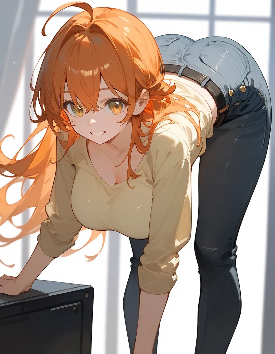 Score_9,Score_8_up,Score_7_up,highest quality, source_anime, highest quality, BREAK, 1 girl, cute, 28 years old, (curvy:1.3), (large breasts), long legs,  orange hair, long hair, partial bangs, ahoge, close. up, (light yellow t shirt:1.2), tight t shirt, (...