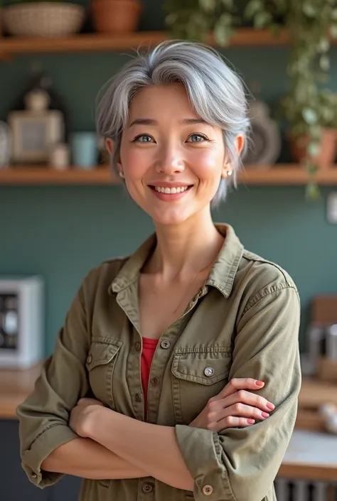 Female woman short gray hair black, blue eyes,  marked eyebrows,  smile, height 1.59, wide body bcon corbas medium dinners dressed in casual clothes 
