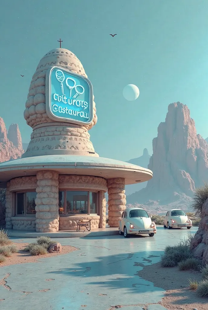 Make a restaurant with a strange architecture,that is located next to a road, Above this one there should be a blue neon sign that marks alien symbols , near the restaurant there are white three-wheeled cars that are shaped like an egg. the floor is light ...