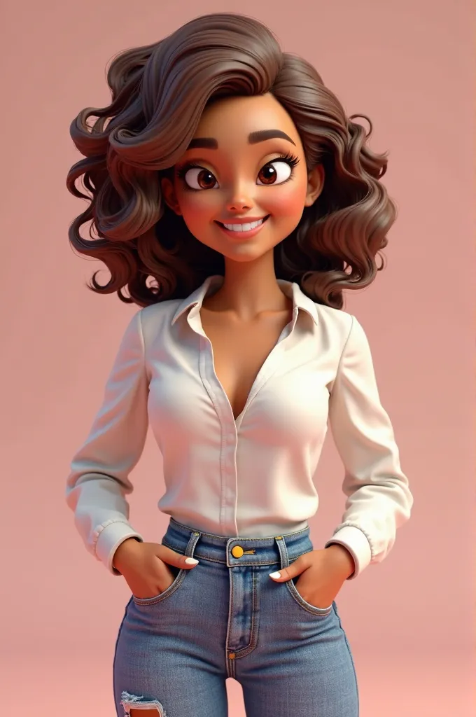 Create a prompt to create a logo with a 3d avatar of a woman wearing  ( curly and long hair ) skin color (king) with the (brown eyes)  and a professional outfit White with pink and jeans and with a happy and contagious face standing With @millysilveer _des...