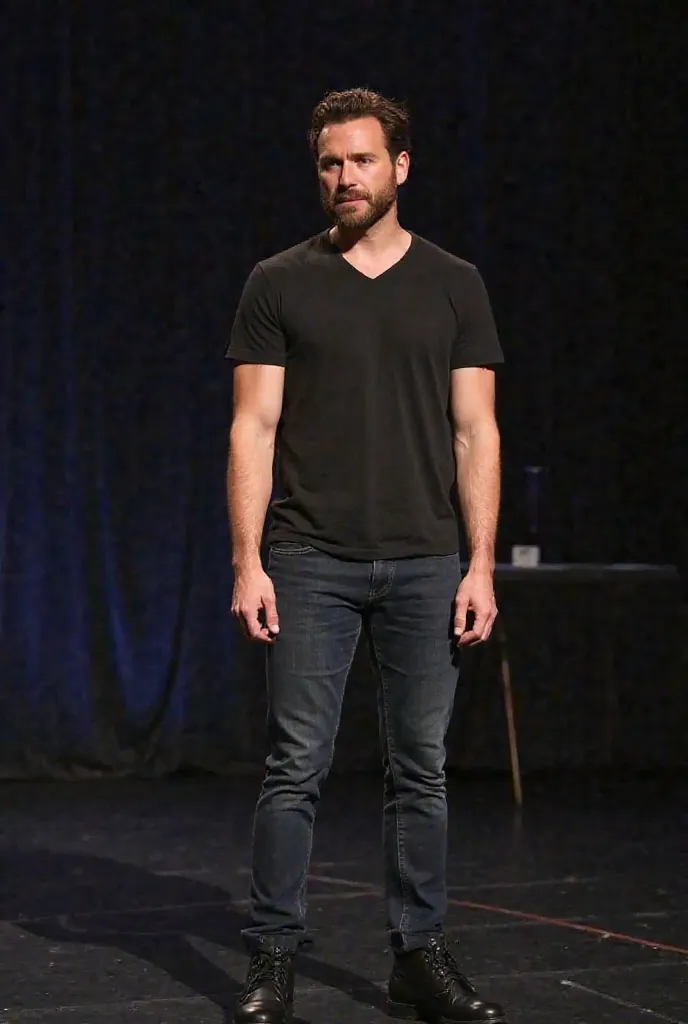 A handsome British man who is an actor and wearing a black t shirt with dark blue jeans and black boots with with short hair with a goatee at comic con on a stage while being interviewed by Michael B. Jordan talking  about the show the waking dead season 1