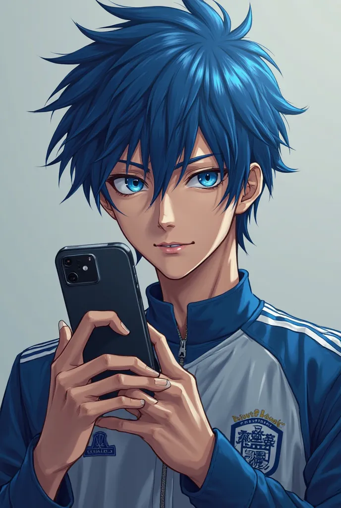 Seishiro Nagi from Blue Lock with a cell phone in his hand
