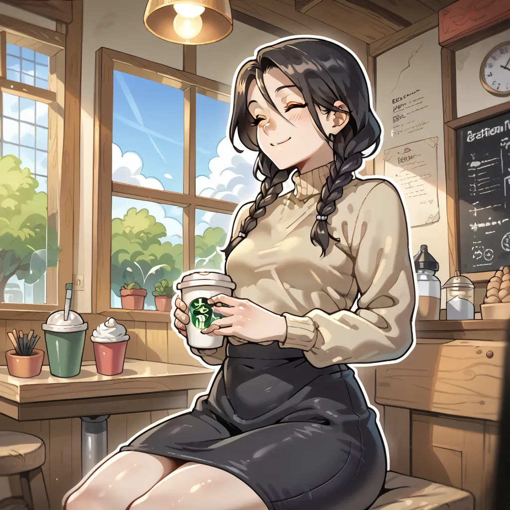 1 young woman, curvilinear figure, Big hips, small breasts, long hair, hair tied in two braids, black hair, eyes closed,  calm expression , wearing a sweater, wearing black skirt, sitting in the middle of a coffee shop,  Smiling Softly,  looking out a wind...