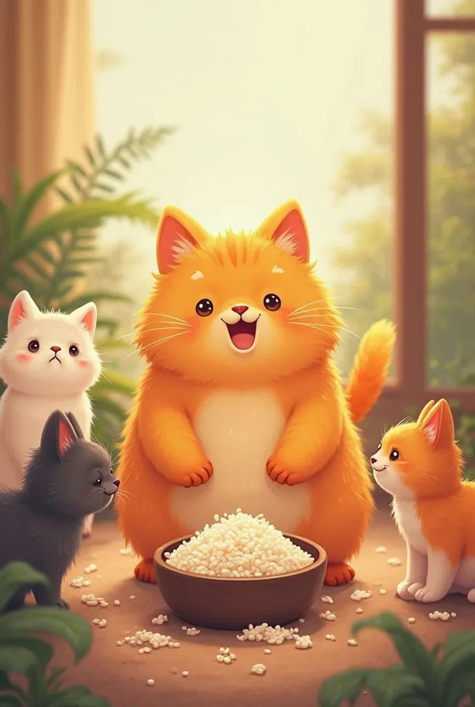 Create a fluffy orange plump round cat standing with rice and eating with friends.