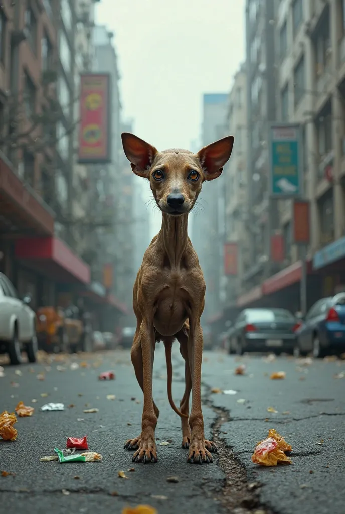 A thin dog stands on the road in city a give food to dog