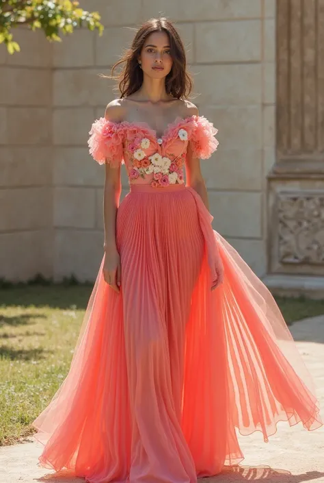 Coral pink pleated skirt paired with a fitted off-shoulder balloon crafted floral top.✔️