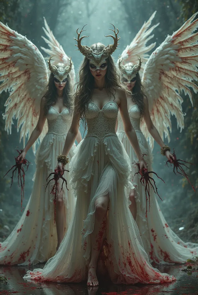 Generate an image of sexy girls with wings wearing white blood stained dress with purge mask and holding a fake weapons such as guns and baseball bat.