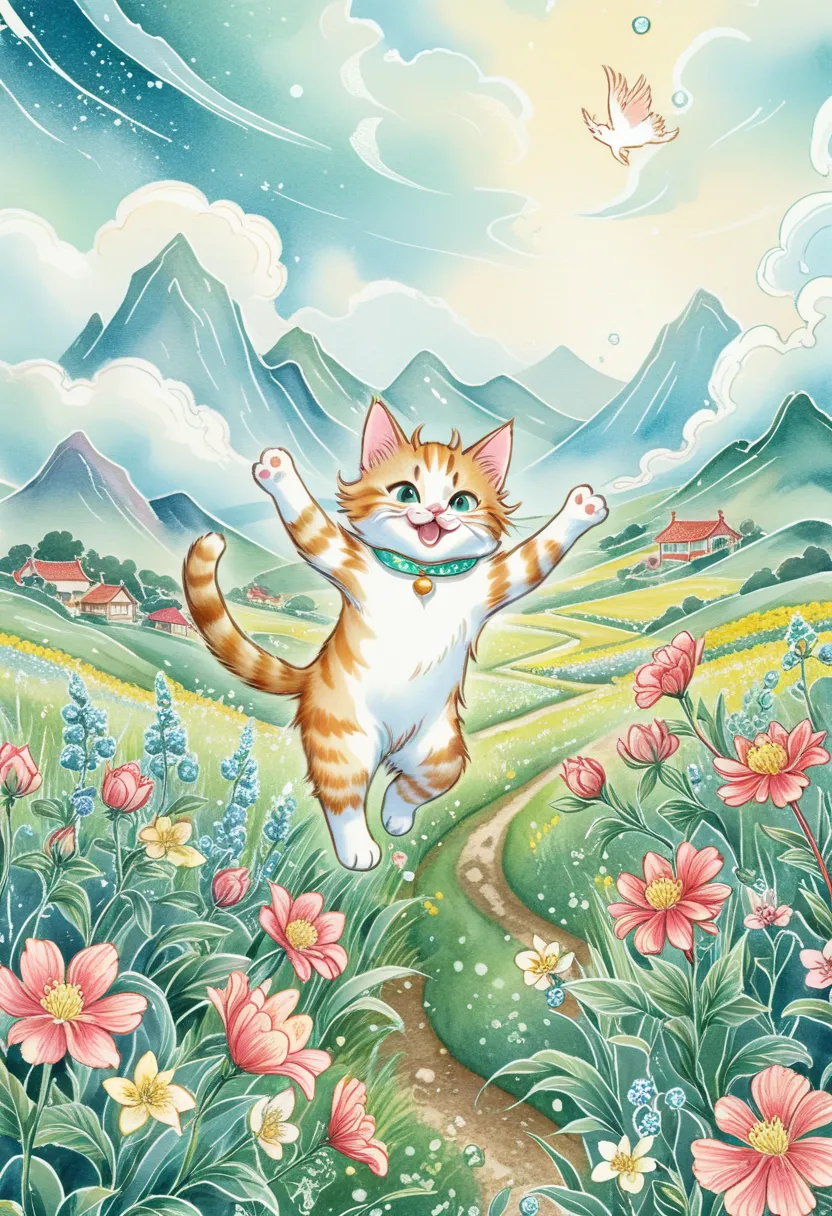 Flower field ((playing cat)),dancing,raise your hand,jump,open your mouth,indoor,masterpiece,best quality,fluffy cat,hey,cute,,fun,happy,,fashionable landscape,sparkling effect,celebration,anatomically correct,good luck,cutest cat,cute cat,fantasy,randolph...