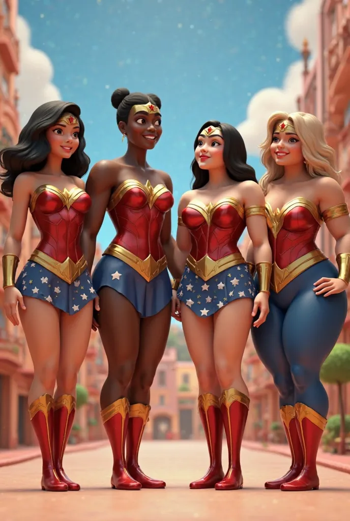 1 Asian , A black , A white , A chubby , All  wearing Wonder Woman dress, 3d pixar style 