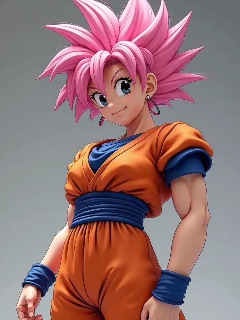 Goku Black pink hair black eyes with sexy female body, with big breasts and big buttocks and Y an orange shirt attached to the body with short sleeves Blue sleeves and orange leggings and blue wristbands with black boots with a blue line at both ends with ...