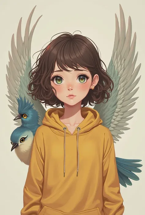 Anime woman with shoulder length brown 3a curly hair, blue-green eyes, freckles, medium wrentit bird wings, neutral expression, yellow hoodie