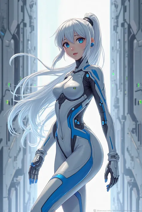 Futuristic style anime girl (mecha) full suit with white hair in a long ponytail hairstyle, blue eyes ,  Good body, white and light blue futuristic style