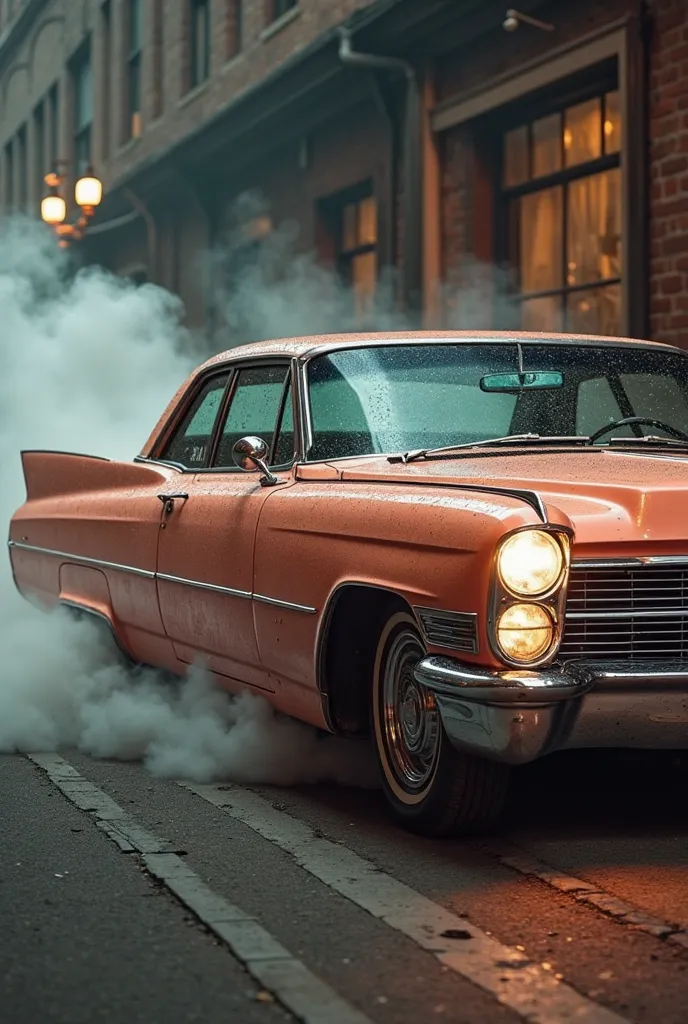 a peach colored cadilac riding low with pinstripe design on the side of it and smoke coming out of the windows