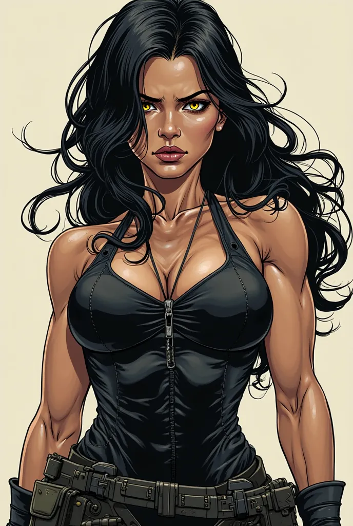 American comic book style drawing of muscular woman girl thick black hair yellow eyes pale thick breasts sad holster ((black army uniform))