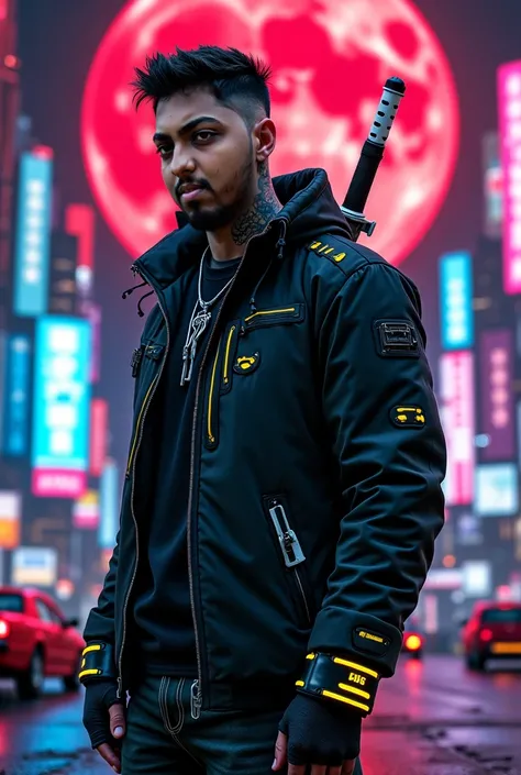 Character wearing a futuristic black cyberpunk themed Neon jacket standing in a futuristic night city, the jacket also has small yellow lights on it. Character has a cyberpunk themed black hair with taper fade and undercut. Character also has a nice full b...