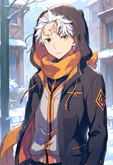 gluttony subaru \(re:zero\), 1boy, short hair, white hair, male focus, scarf, orange scarf, scar on forehead, hood, heterochromia, scar on face, jacket, brown eyes, grey eyes, cowboy shot, masterpiece, best quality