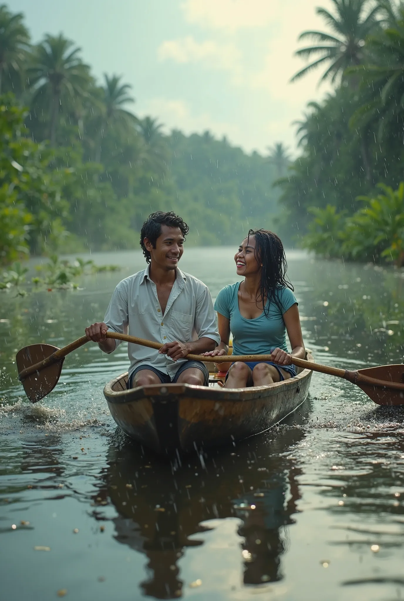 Ultra-realistic 8K POV shot of two riverine ren rowing a small wooden canoe on calm, reflective water, with light rain falling from the sky. The ren, one wearing a white shirt and the other in a light blue top, are visibly soaked by the rain, with droplets...