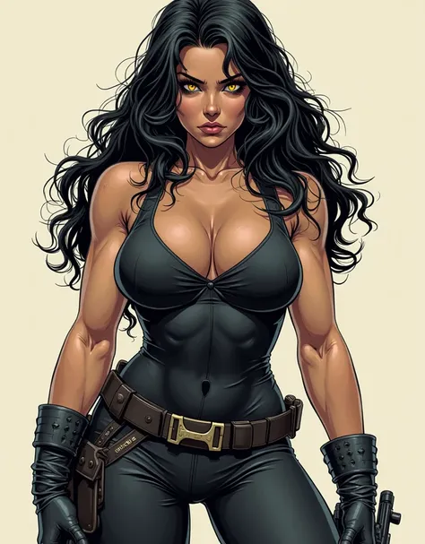 American comic book style drawing of muscular woman girl thick black hair yellow eyes pale thick breasts sad holster ((black army uniform))