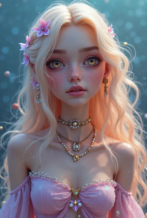  Female, Young man with a marine aura, looking sweet and charismatic. She has long, blond hair with reflections in shades of violet and pink, and golden eyes that shine brightly. . His skin is pale and shows subtle iridescent sparkles, as if they were bare...