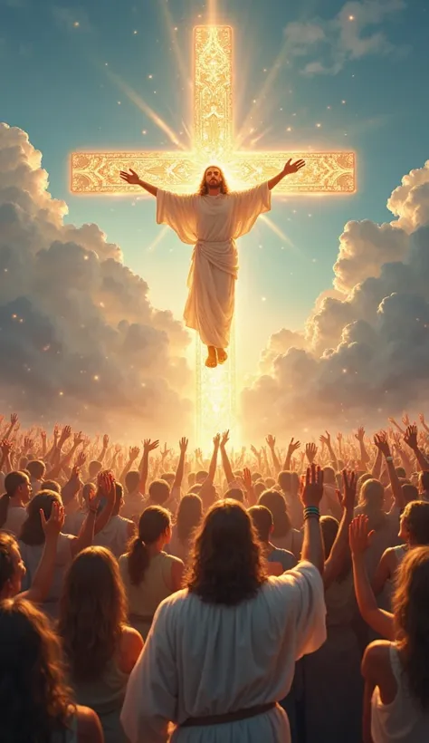 A hyper-realistic, awe-inspiring continuation of the celestial gathering, now from a different perspective. The immense crowd remains in devoted worship before Jesus, whose radiant presence exudes divine love and power. Their hands stretch toward Him, face...