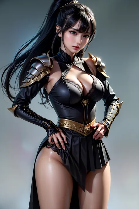 woman in armor and cloak,((((pleated skirt, black panties)))),,over the age of 25,(nsfw:1),is standing with her hands on her hips,3/4 shots,Cleavage ,Highly Detailed Face and Skin Textures,looking at the camera, perfect beauty : 1.4, fine grain, double eye...