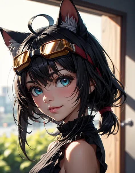 score_9, score_8_up, score_7_up, score_6_up, dark theme，sinozick style，
tanixya original 1girl animal_ears aqua_hair backlighting bangs blunt_bangs blurry blurry_background blush cat_ears closed_mouth cracked_wall depth_of_field fingernails goggles goggles...