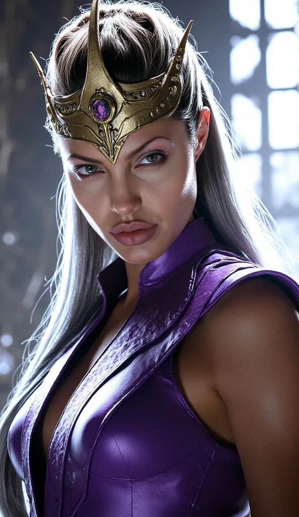 Here's a detailed prompt to generate a super realistic image of Angelina Jolie as Sindel, with her bright purple outfit e metálica, silver hair and a metallic purple crown:

"Angelina Jolie's hyper-realistic close-up how Sindel, The queen of * mortal komba...