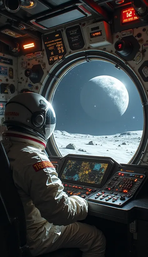  first-person point of view (throw). First person, view of the control panel and the lunar surface approaching. Interior scenario of the lunar module “Eagle”, compact control panel. Another astronaut looks out the window. Light tremors, approach the lunar ...