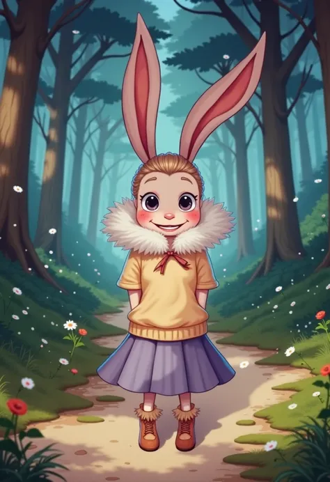 best quality,  Masterpiece , amazing quality, is very aesthetic, absurdities, screenshot, 1girl, One, rabbit, meadows,  shirt, skirt,  Pink fur , looks at the viewer,  smile, outdoor, the forest