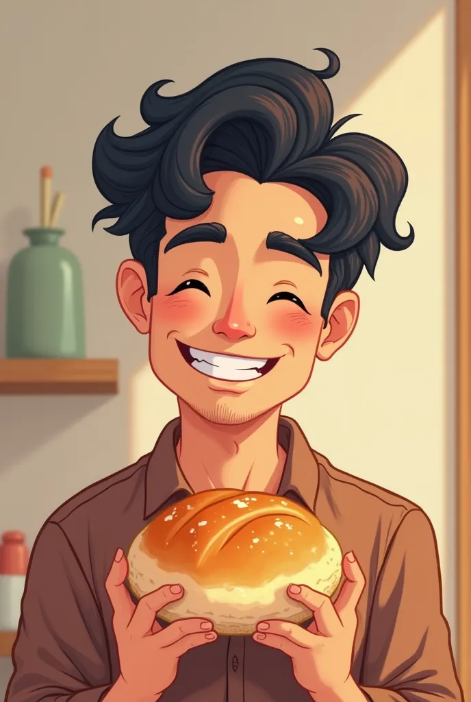 man,  half-wavy black hair , Eating a very soft, freshly baked bread,  cartoon style 
