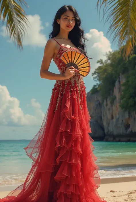 filipina wearing filipiñana in some part of Philippines like boracay, davao or intramuros, you chose, I want a woman standing full body with a fan on her hand, wearing elegant filipiniana, black haired, a little flowy haired until the middle in between of ...