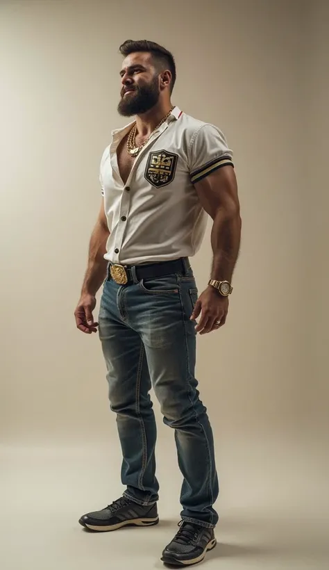 Realistic hombre austriaco guapo spectacular fornido fisicoculturista en apretados jeans oscuros con estoperoles,  Strong and muscular legs, big bump , with shirt fashion 8k masterpiece ultra realistic high detail 8k big belt buckle funny smiling with gold...