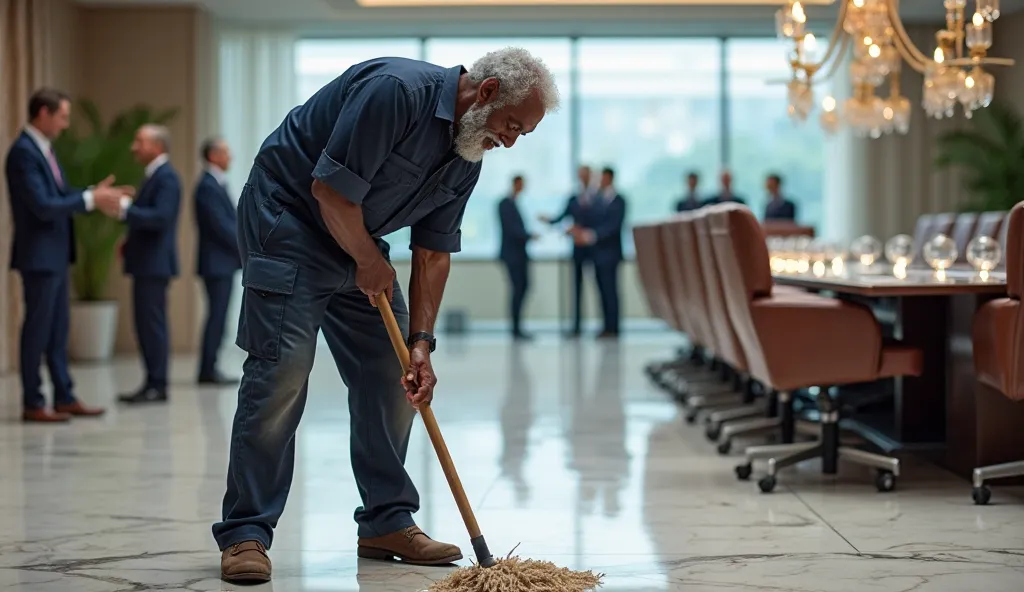 A middle-aged black man wearing a dark blue janitor’s uniform bent over and used a mop to clean the marble floor in the large conference room. His collar was slightly dirty with sweat, his work shoes were old, and his cargo pants had some fraying. His eyes...