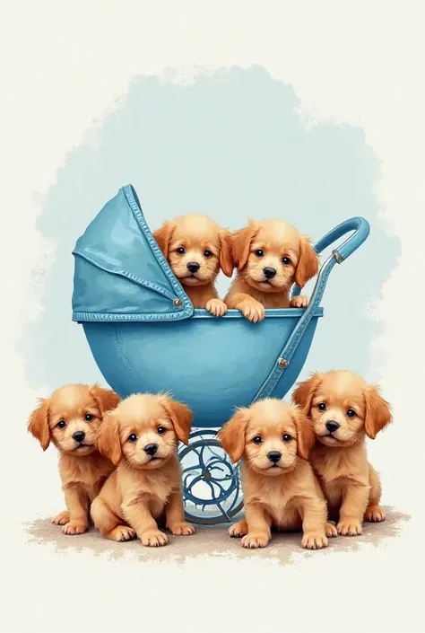 Create label with blue stroller and brown and gold puppies