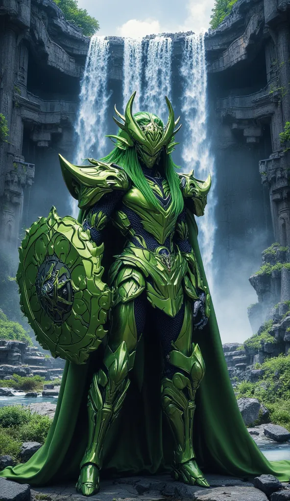  Saint Seiya; Shiryu  , Dragon Knight; Wearing the Dragon constellation armor; Metallic green colors; large shield attached to the right arm; without helmet ; In the background: Great Waterfalls Falling Over a Greek Temple