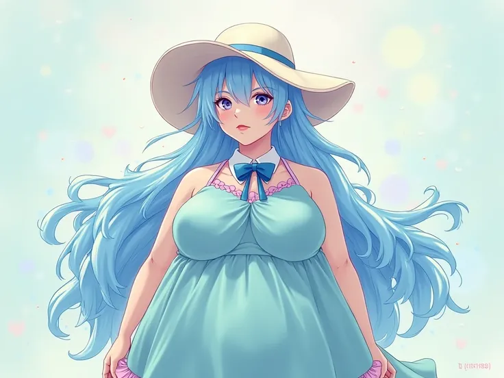 anime obese girl with long sky blue waterfall hair wearing big white sun hat aquamarine halter dress pink trim on the skirt white collar blue bowtie ribbon