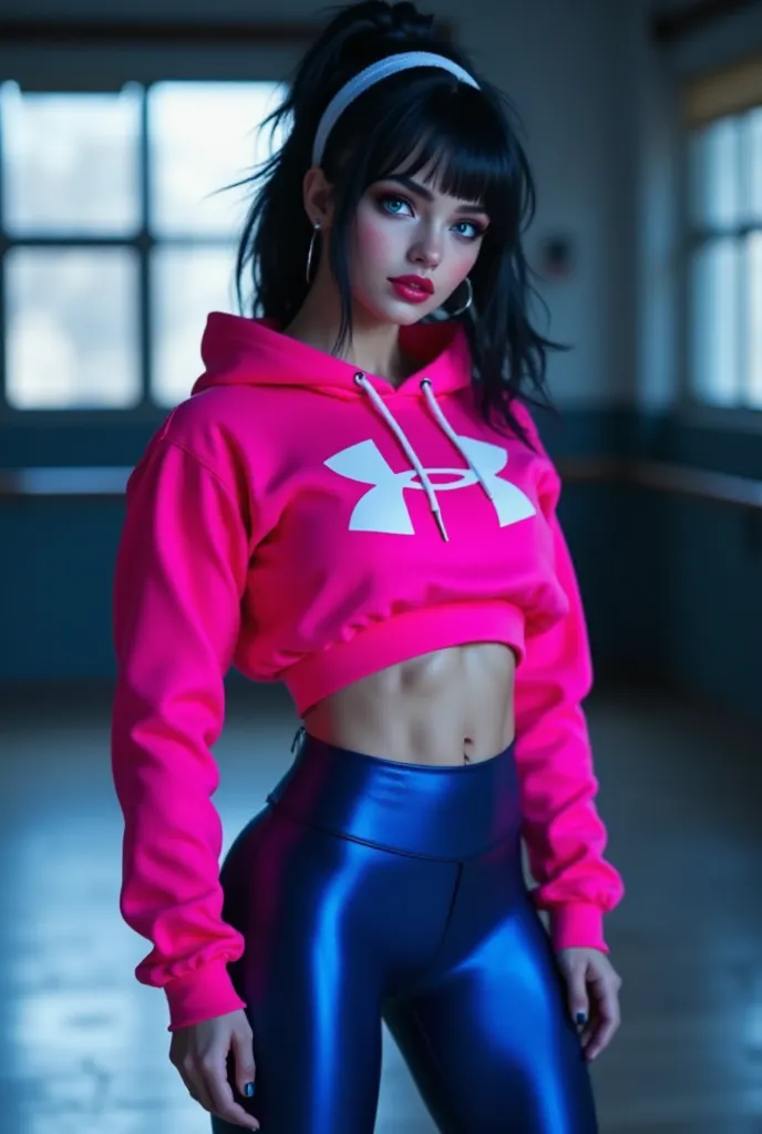 a photorealistic full body shot of beautiful woman with black hair, alabaster skin and blue eyes wearing a neon pink hoodie with a white under armour logo and shiny neon blue metallic leggings.  the woman has huge muscles that stretch her clothes to their ...